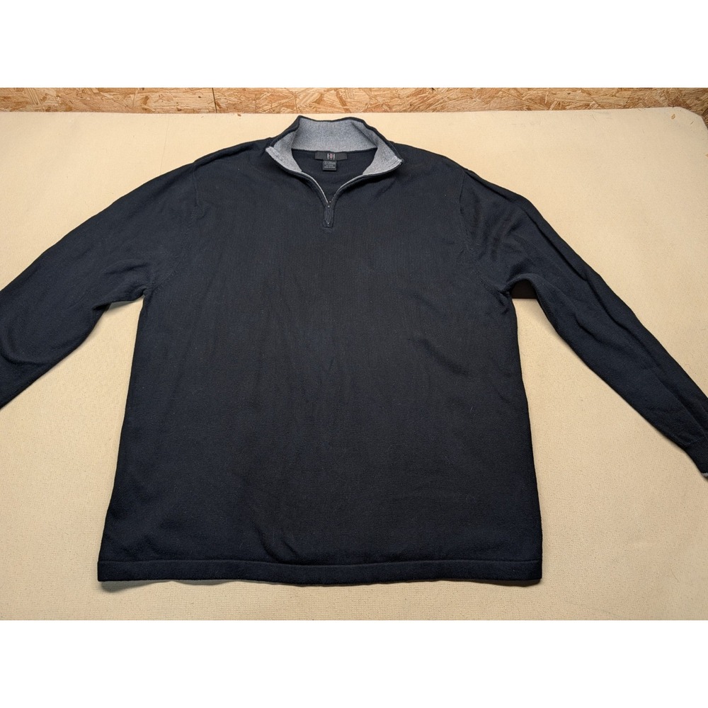 H&H Mens Sweater Size  XL Black & Gray 1/4 Zip Cotton Cashmere Wool Blend